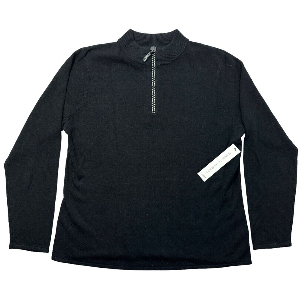 Woman's Mercer Street Studio Luxelon Rhinestone Zipper Black Quarter-Zip Sweater